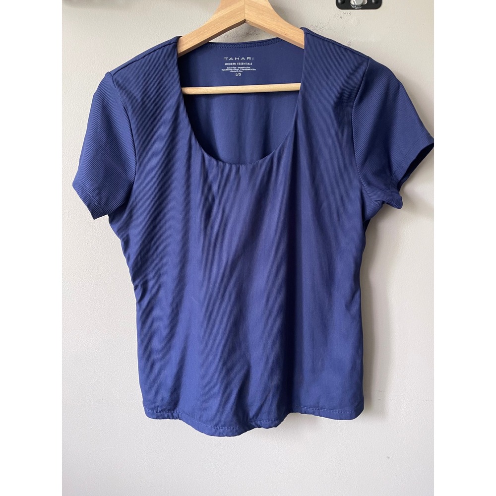Tahari Modern Essentials Navy Blue Ribbed Scoop Neck Short Sleeve Top Size L